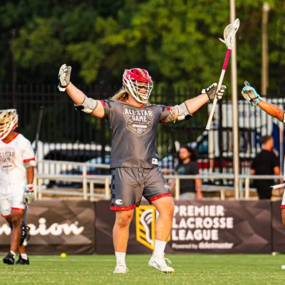Connor Farrell scoring a 2-pointer at the PLL All Star Game. - Louisville '23 - Veterans vs Rising Stars. Photo: Liam Murphy, PLL